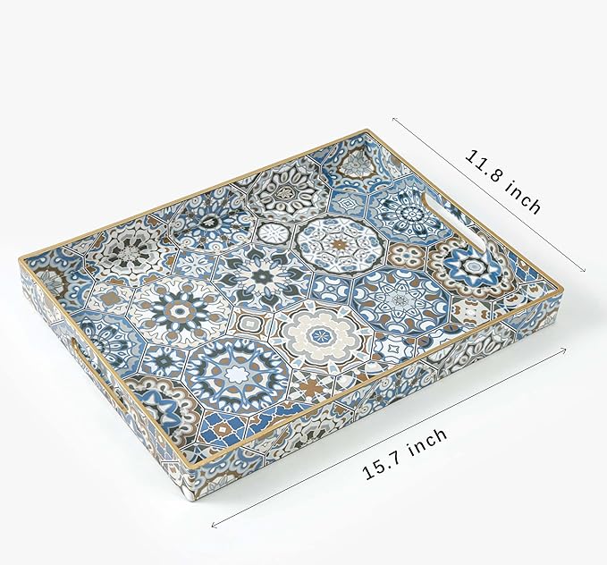 Boho Coffee Table Trays Serving Tray with Handles Large Tray for Ottoman Modern Decorative Tray for Living Room