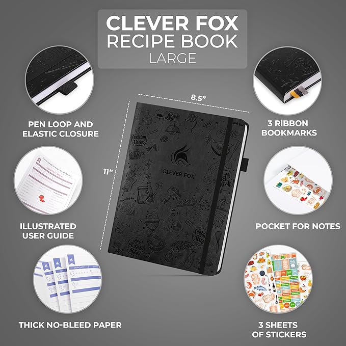 Clever Fox Recipe Book – Make Your Own Family Cookbook – Blank Recipe Notebook Organizer – Empty Cooking Journal to Write In Recipes – Large Size, 8.5”x11.2”, Hardcover, Black