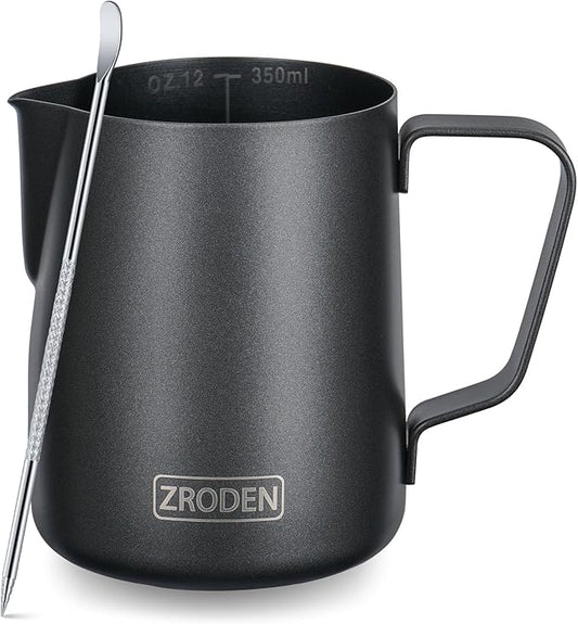 Milk Frothing Pitcher, 12oz Espresso Steaming Pitchers Stainless Steel Cappuccino Coffee Machine Accessories Barista Tools Steam Froth Pitchers Milk Jug Cup with Decorating Pen Latte Art, Matte Black