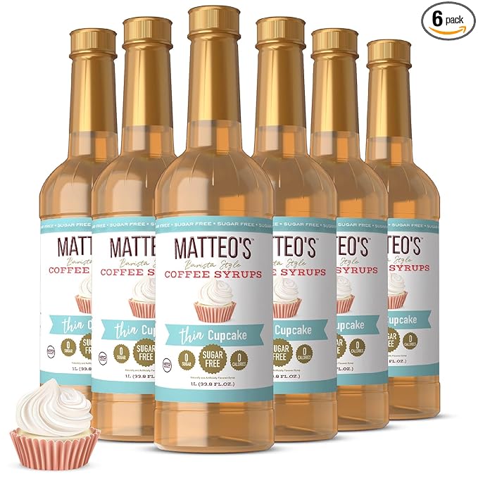 Matteo's Cupcake Syrup for Coffee, Lattes, Cappuccinos & Desserts – Sugar-Free Sweetener for Beverages, Keto Friendly, Zero Calories, Indulgent Flavor, Non-Alcoholic, Ideal for Hot Drinks 33.8oz (6pk)