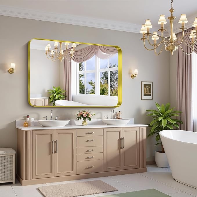 FORBATH 55x36 Inch Large Bathroom Mirror for Double Sinks, Brushed Gold Deep Frame Wall Mirror with Rounded Corners, Anti-Rust Tempered Glass for Modern Farmhouse Vanity (Horizontal/Vertical)