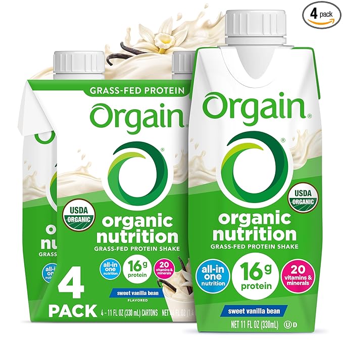 Orgain Organic Nutritional Shake, Vanilla Bean - Meal Replacement, 16g Protein, 20 Vitamins & Minerals, Gluten Free, Soy Free, Kosher, Non-GMO, 11 Ounce, 4 Count (Packaging May Vary)
