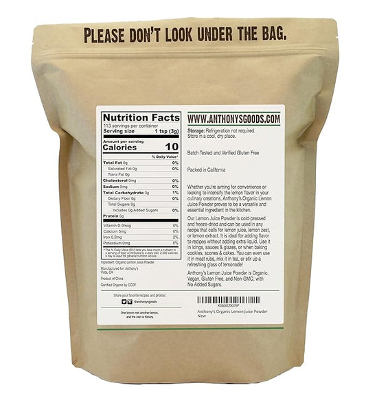 Anthony's Organic Lemon Juice Powder, 12 ounce, Freeze-Dried, Cold Pressed, No Sugar Added, Gluten Free, Non GMO
