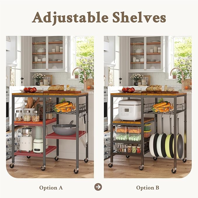 Hadulcet 4-Tier Adjustable Microwave Stand with Storage on Wheels - Rolling Kitchen Cart & Mobile Coffee Bar, Baker's Rack for Kitchen Island, Office, Living Room