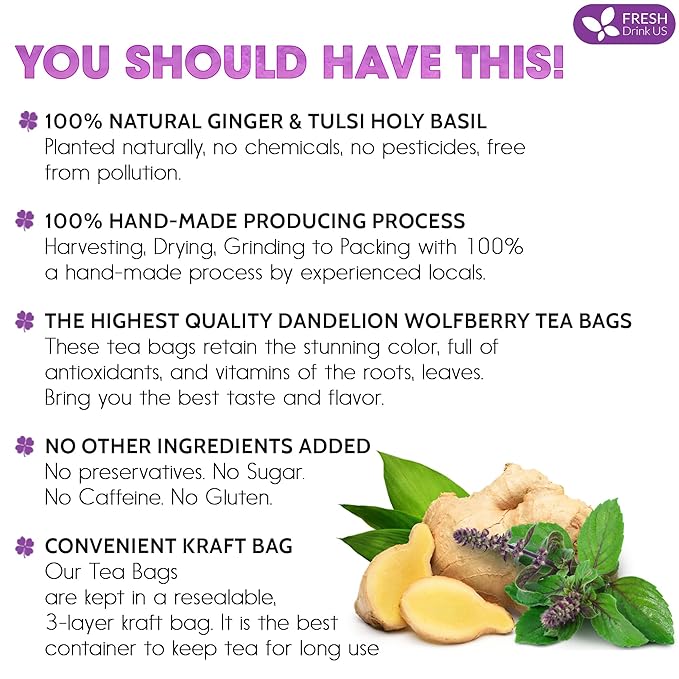 FreshDrinkUS, Premium 35 Ginger Tulsi Tea Bags, 100% Natural, Hand-made Blend of Ginger and Tulsi Holy Basil Leaves, Eco-conscious Tea Bags. Herbal Tea. No Sugar, No Caffeine, Vegan.