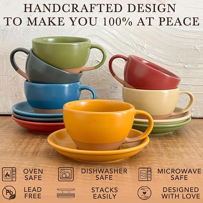 MORA Ceramic Latte Art Mug With Saucer - 10.5 oz, Round Bottom For Perfect Pours - Cafe Cups for Cappuccino, Espresso, Coffee, Tea etc - Porcelain Set for Baristas, Great Gift - Pumpkin Orange