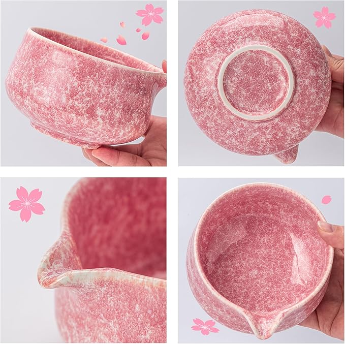 TEANAGOO Matcha Whisk Set,7 Pcs Matcha Set Pink for Making Latte,Ceramic Bowl(chawan) whith Spout and Whisk,Gift for Friend/Family