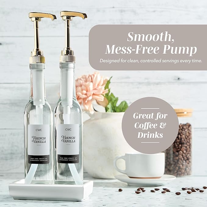 COOK WITH COLOR Glass Coffee Syrup Dispenser with Pump- Set of 2 Syrup Bottles for Coffee Bar, Decorative 350 ML Bottle with Ceramic Holder, Funnel, Labels and Extra Pumps, Clear