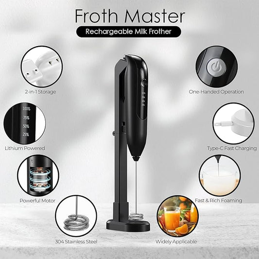 GOCHA | FrothMaster X2 Rechargeable Milk Frother – 2-Speed Handheld Foam Maker for Coffee, Lattes, Matcha – USB-C Charging, Stainless Steel Whisk, Stand Included (Black)