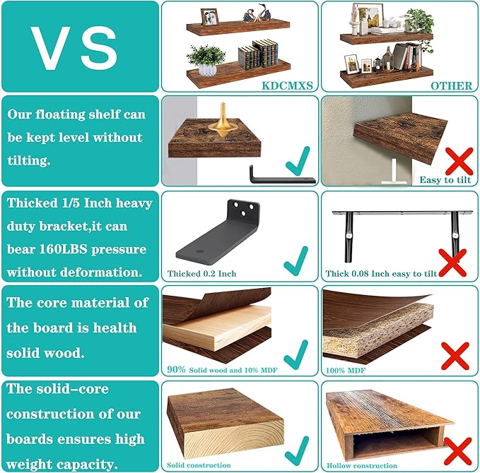 Set of 2 Rustic Shelves for Wall - 16 Inch Rustic Wood Floating Shelves with 1/5" Thicker Steel Brackets | Heavy Duty Farmhouse Wall Shelves | Solid Wood Core |Brown Wood Shelves for Décor