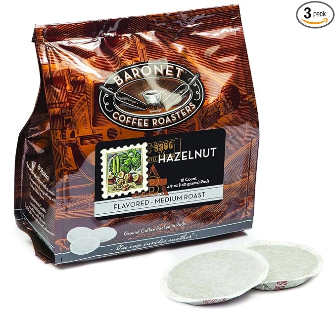 Baronet Coffee Pods [Hazelnut Flavored-54 Pods] Single Cup Use Like Senseo - 3 Bags of 18 Single Serve 8 Gram, Regular Strength, Medium Roast [Hazelnut]