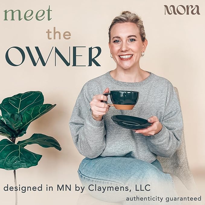 MORA Ceramic Latte Art Mug With Saucer - 10.5 oz, Round Bottom For Perfect Pours - Cafe Cups for Cappuccino, Espresso, Coffee, Tea etc - Porcelain Set for Baristas, Great Gift - Charcoal