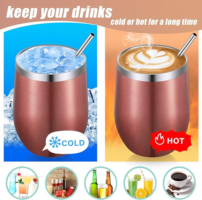 16 Pack Stainless Steel Wine Tumblers 12 oz Insulated Vacuum Wine Cup Set Double Wall Stainless Steel Stemless Mug Glasses for Coffee Soda Whiskey Outdoor Travel (Rose Gold)