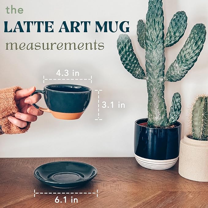 MORA Ceramic Latte Art Mug With Saucer - 10.5 oz, Round Bottom For Perfect Pours - Cafe Cups for Cappuccino, Espresso, Coffee, Tea etc - Porcelain Set for Baristas, Great Gift - Charcoal