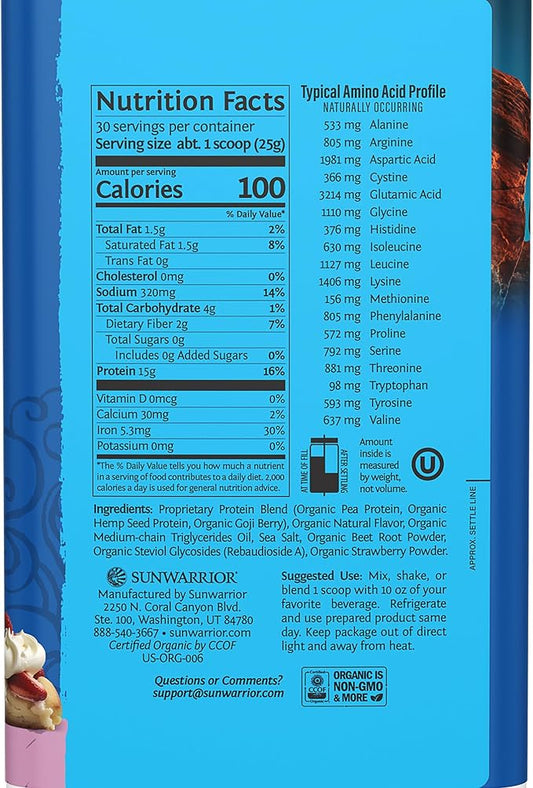 Sunwarrior Vegan Organic Protein Powder Plant-Based | BCAA Amino Acids Hemp Seed Soy Free Dairy Free Gluten Free Synthetic Free Non-GMO | Berry 30 Servings | Warrior Blend