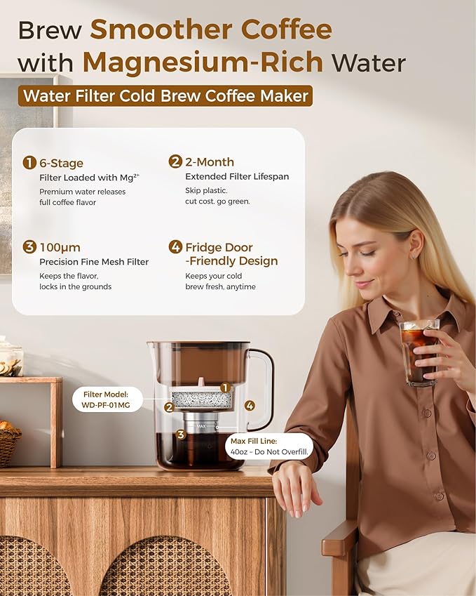Waterdrop Cold Brew Coffee Maker with 1 Magnesium Water Filter, Well-Balanced Acidity, Unlocks Flavor and Aroma, BPA-Free, Precision Fine Mesh Filter for Iced Coffee, Tea, Lemonade, Brown