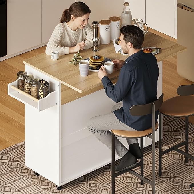 IRONCK Kitchen Island with Power Outlet & Drop Leaf, 47.2" Width Rolling Kitchen Island on Wheels with Storage, Mobile Kitchen Island Cart with Spice Rack, Open Shelves and Drawer, White