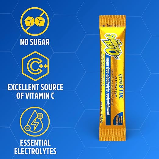 Sqwincher Zero Qwik Stik, Orange, Sugar Free, Low Calorie, Low Sodium Electrolyte Powder Hydration Drink Mix, .11 0z Packet (Pack of 50)