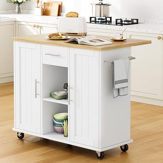 Shintenchi Kitchen Island with Storage, Bar Cart Cabinet Island Table on Wheels, Rolling Microwave Cart for Kitchen with Drop Leaf, Drawers, Towel Rack, Seating Area for Dining Room, White