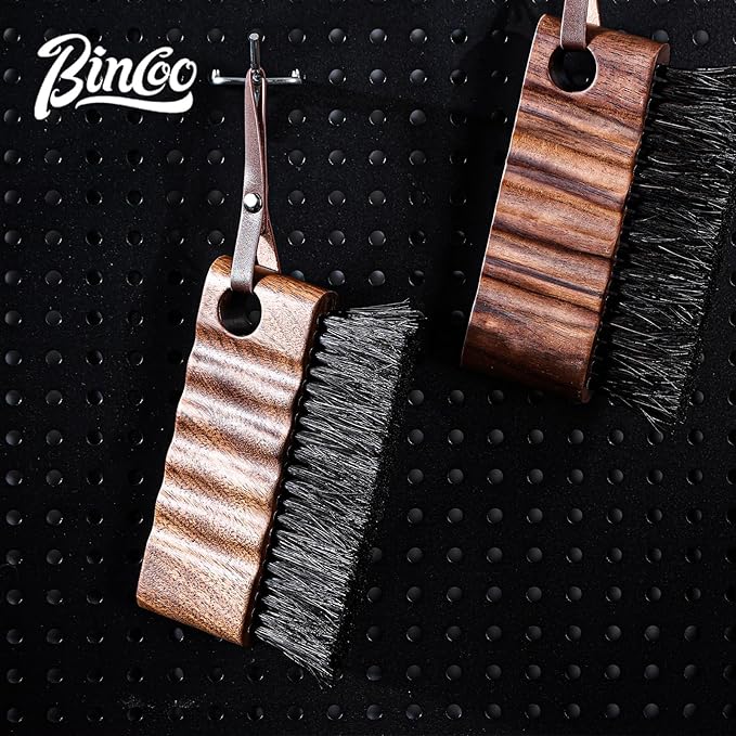 Bincoo Coffee Brush with Cleaning Cloth - Wooden Handle Cleaning Brush for Grinders, Espresso Machines & Countertops, Reusable Barista Tool with Hanging Hook for Coffee Grounds Removal