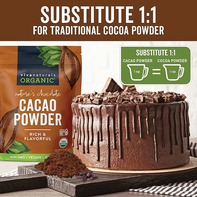 Organic Cacao Powder, Unsweetened, 1 lb (454 g) – Rich Dark Chocolate Flavor, Perfect for Baking, Smoothies & Hot Chocolate – Vegan, Keto, Paleo, Non-GMO & Gluten-Free Cocoa Powder
