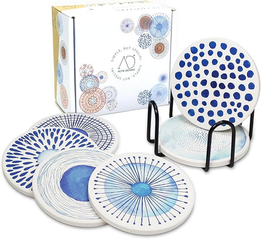 AD Set of 6 Coasters for Drinks Absorbing Round Ceramic Stone Coaster with Cork Base,Tabletop Protection Mat for Mugs and Cups,Office,Kitchen (Blue Watercolor with Holder)