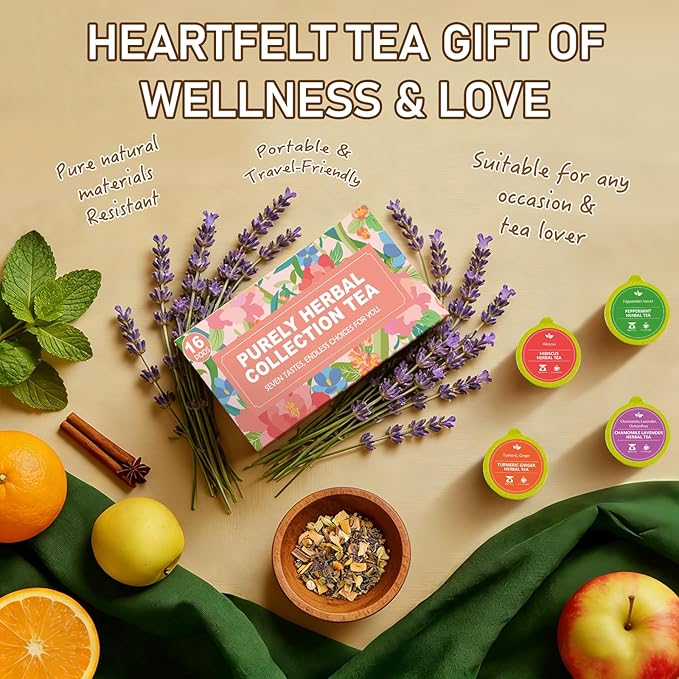Decaf & Soothing Herbal Tea Gift Set - Relaxing Chamomile Lavender, Cinnamon Apple & Hibiscus Tea, Assorted Variety Tea Gift Set for Women, 7 Flavors, 16Pods