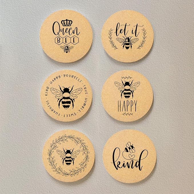 Coasters for Drinks with Holder Set of 6, Bee Coaster Absorbent Cork Wood for Cup Desk Office Table Kitchen Decor House Warming Gifts for New Home Couples, Round 4"