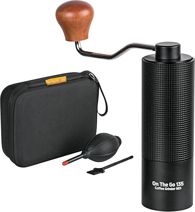 On The Go 135 Manual Coffee Grinder - Stainless Steel Conical Burr with Adjustable Setting, Double Bearing - Max Capacity 0.88oz, Hand Grinder for Home, Travel and Camping, and Gift