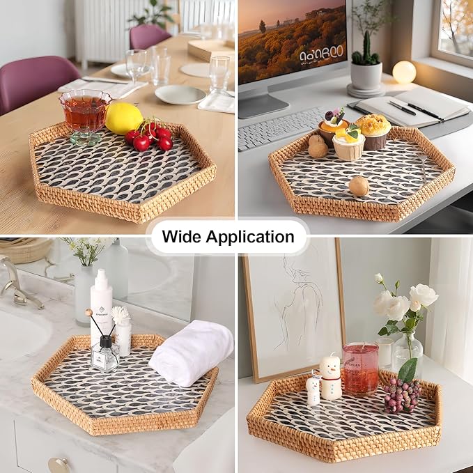 Hexagon Rattan Tray with Mother of Pearl Inlay, Rattan Serving Tray for Coffee, Bread, Fruits, Snacks, Decorative Wicker Tray for Table Decor, Home Decor (Little Bluefish, 14.5"×12.8")