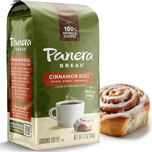 Panera Coffee Cinnamon Roll Ground Coffee, 100% Arabica Medium Roast, Bakery-Inspired Flavor, No Artificial Ingredients, 12oz Bag for Home Brewing
