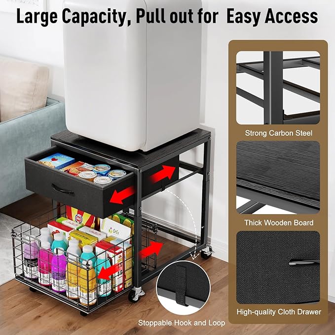 Housolution Mobile Mini Fridge Stand with Storage, Height-Adjustable Mini Beverage Fridge Table, Coffee Bar, 200 lbs Heavy-Duty Compact Refrigerator Shelf with Rolling Cabinet for Kitchen Home, Black