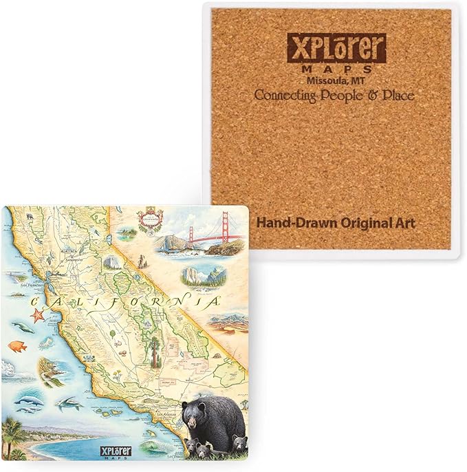 Xplorer Maps California State Map Ceramic Coaster with Cork Base - Set of 4