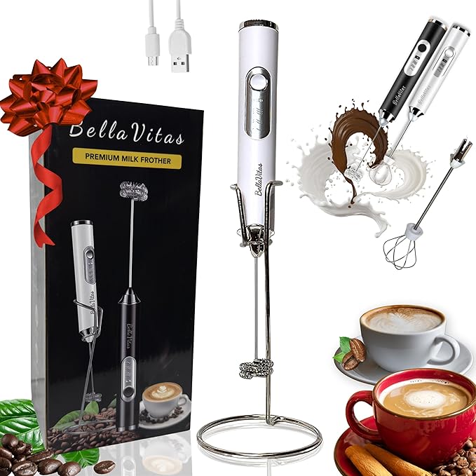 Milk Frother Handheld Rechargeable, 3-Speed Electric Frother Wand Whisk, Foam Maker Drink Mixer with Stand, 2 Whisks Coffee Frother for Latte, Cappuccino, Matcha, Cocoa, Eggs, White-1