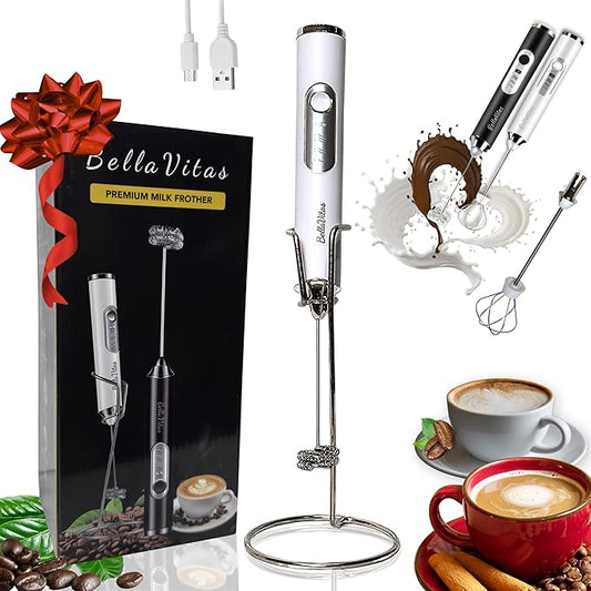 Milk Frother Handheld Rechargeable, 3-Speed Electric Frother Wand Whisk, Foam Maker Drink Mixer with Stand, 2 Whisks Coffee Frother for Latte, Cappuccino, Matcha, Cocoa, Eggs, White-1