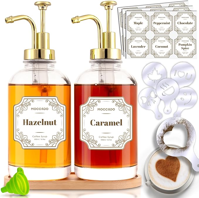 Moccado Glass Coffee Syrup Dispenser for Coffee Bar - Set of 2 Gold 500 ml / 16.9 oz Glass Syrup Bottles, Includes Bamboo Tray, 16 Stencils, Labels, Coffee Bar Accessories