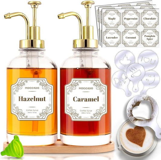 Moccado Glass Coffee Syrup Dispenser for Coffee Bar - Set of 2 Gold 500 ml / 16.9 oz Glass Syrup Bottles, Includes Bamboo Tray, 16 Stencils, Labels, Coffee Bar Accessories