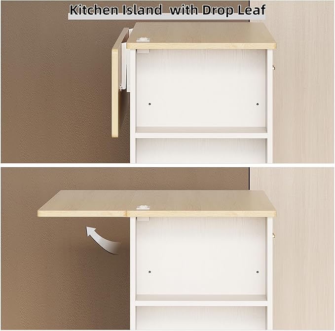 IRONCK Kitchen Island with Power Outlet & Drop Leaf, 47.2" Width Rolling Kitchen Island on Wheels with Storage, Mobile Kitchen Island Cart with Spice Rack, Open Shelves and Drawer, White