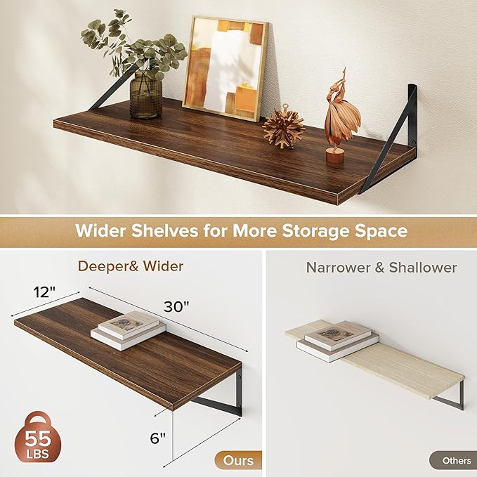 Deep Floating Shelves Wall Mounted, 30"x12" Walnut Wall Shelves with Brackets Set of 2 for Bedroom, Living Room, Bathroom, Kitchen, Office - Storage & Display Shelf for Decor, Books, Plants