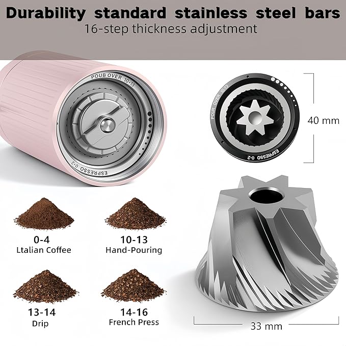 Burr Coffee Grinder 2-in-1 Manual/Electric, 40mm Stainless Steel Conical Burr Coffee Bean Grinder, USB Rechargeable Home Use, 16 Grind Levels for Espresso/Drip/French Press/Mocha (Pink)