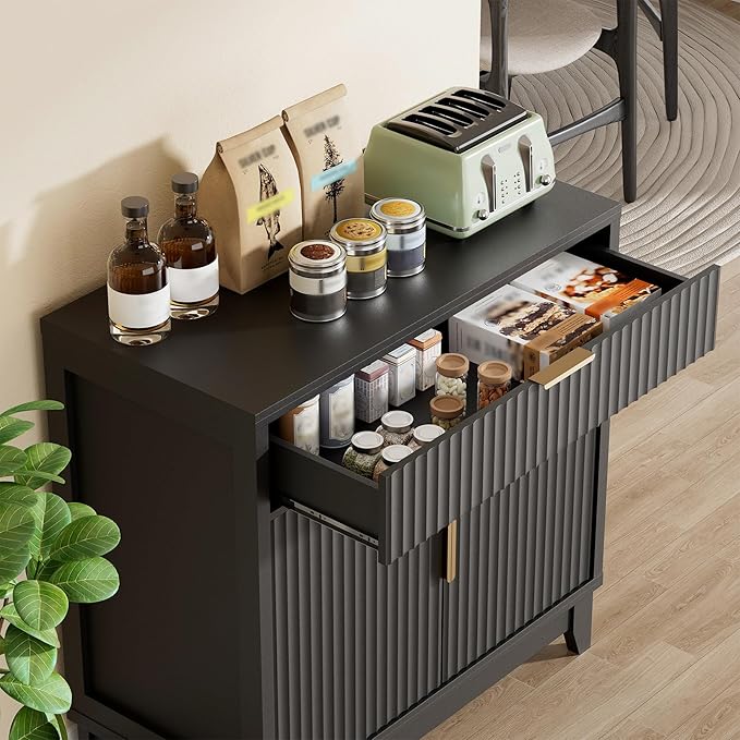 Vabches Fluted Sideboard Buffet Cabinet with Storage, 32" Wide Coffee Bar Console Table with Drawer, Fluted Doors & Adjustable Shelf, Wood Buffet Table for Living Room, Kitchen Dining Room, Black