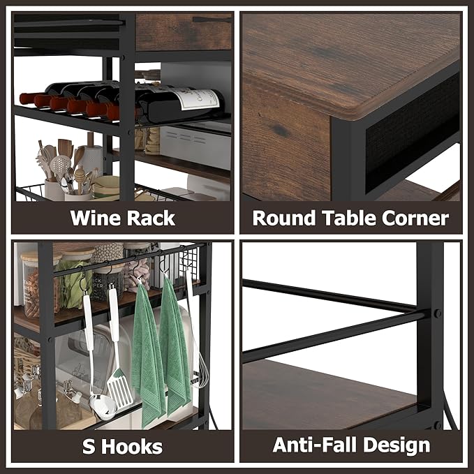 Kitchen Island with Storage,Industrial Kitchen Island on Wheels,Rolling Kitchen Island Cart with Power Outlet,Modern Island Table for Kitchen with Drawers,Shelves and Baskets,Rustic Brown