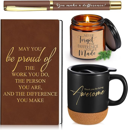 4 Pcs Thank You Gift Set for Men Women Employee Coworker Gifts Inspirational Appreciation Notebook Coffee Mug Scented Candle Pen for Valentine's Day Team Office Staff Teacher Nurse Volunteer