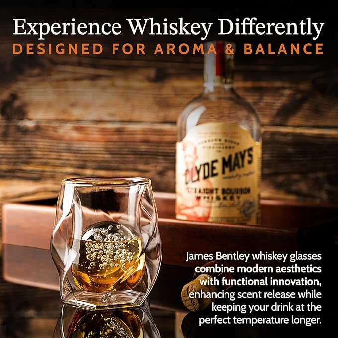 JAMES BENTLEY JB Whiskey Glasses – Double Wall, Hand Blown Borosilicate Glass, Enhances Aroma and Flavor, Premium Quality for Bourbon & Whiskey Tasting — Set of 2 Glasses with 2 Ice Ball Molds