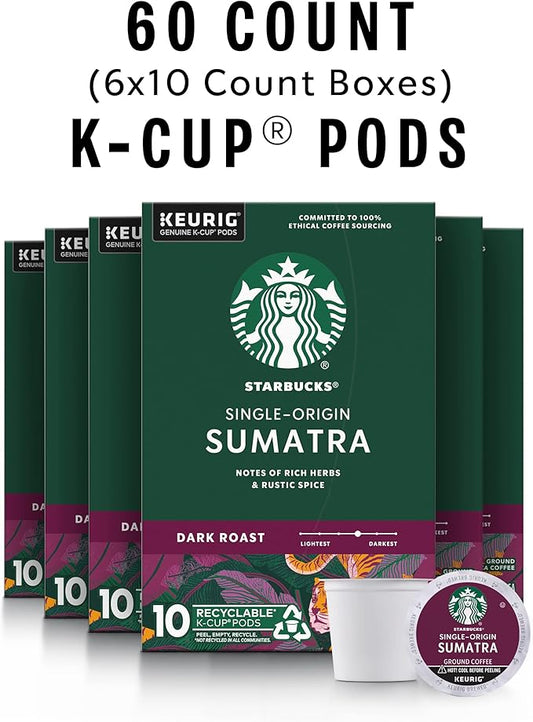 Starbucks K-Cup Coffee Pods, Dark Roast Coffee, Sumatra for Keurig Brewers, 100% Arabica, 6 boxes (60 pods total)