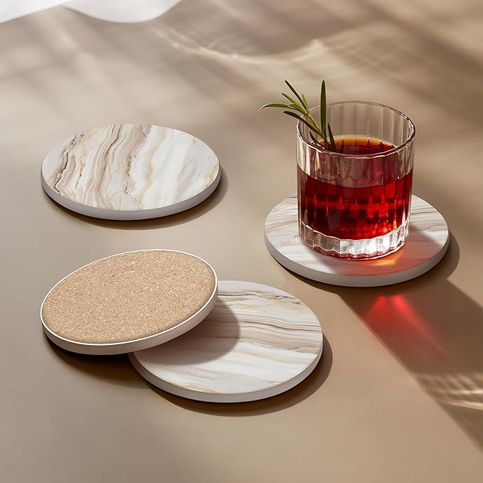 VEYRO Ceramic Coasters Set of 6 – Absorbent Stone Drink Coasters with Holder, Non-Slip Cork Backing, Modern Marble Look Coasters for Coffee Table, Desk & Home Decor