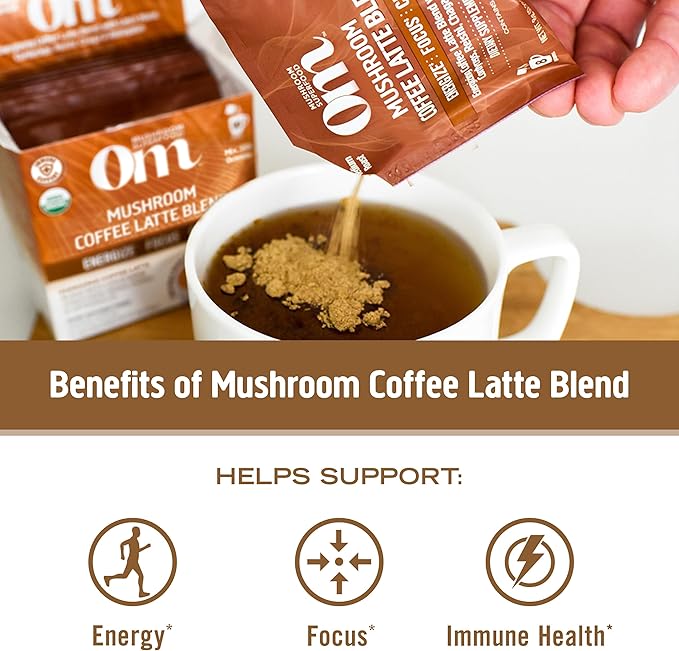OM MUSHROOM SUPERFOOD Coffee Latte Blend – Functional Mushroom Powder with Lion’s Mane, Cordyceps, Reishi & Chaga – Energy, Focus & Mental Clarity Support – Single Serve Packets (10 Count)