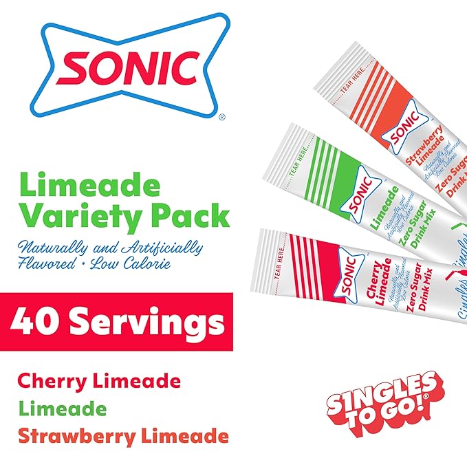 Sonic Singles To Go Limeade Variety Pack, Watertok Powdered Drink Mix, Includes 3 Flavors, Limeade, Cherry and Strawberry 1 Box (40 Servings)