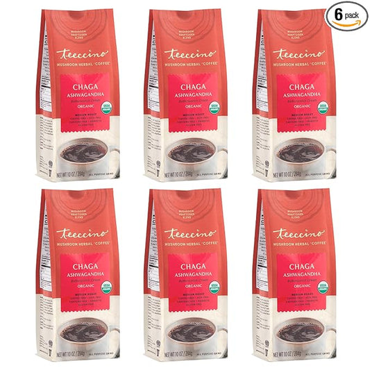 Teeccino Chaga Ashwagandha Coffee Alternative - Butterscotch Cream - Organic, Adaptogenic Herbal Mushroom Coffee, Medium Roast, Caffeine Free, Prebiotic, Acid Free, Gluten Free - 10 oz (Pack of 6)