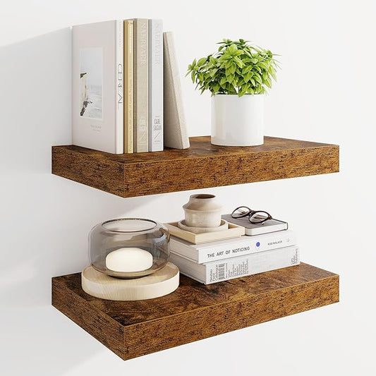 Marsmiles 16" Floating Shelves for Wall, Wooden Shelves with Invisible Brackets Set of 2, Rustic Farmhouse Wall Mounted Shelf for Kitchen Bathroom Living Room Study, Rustic Brown